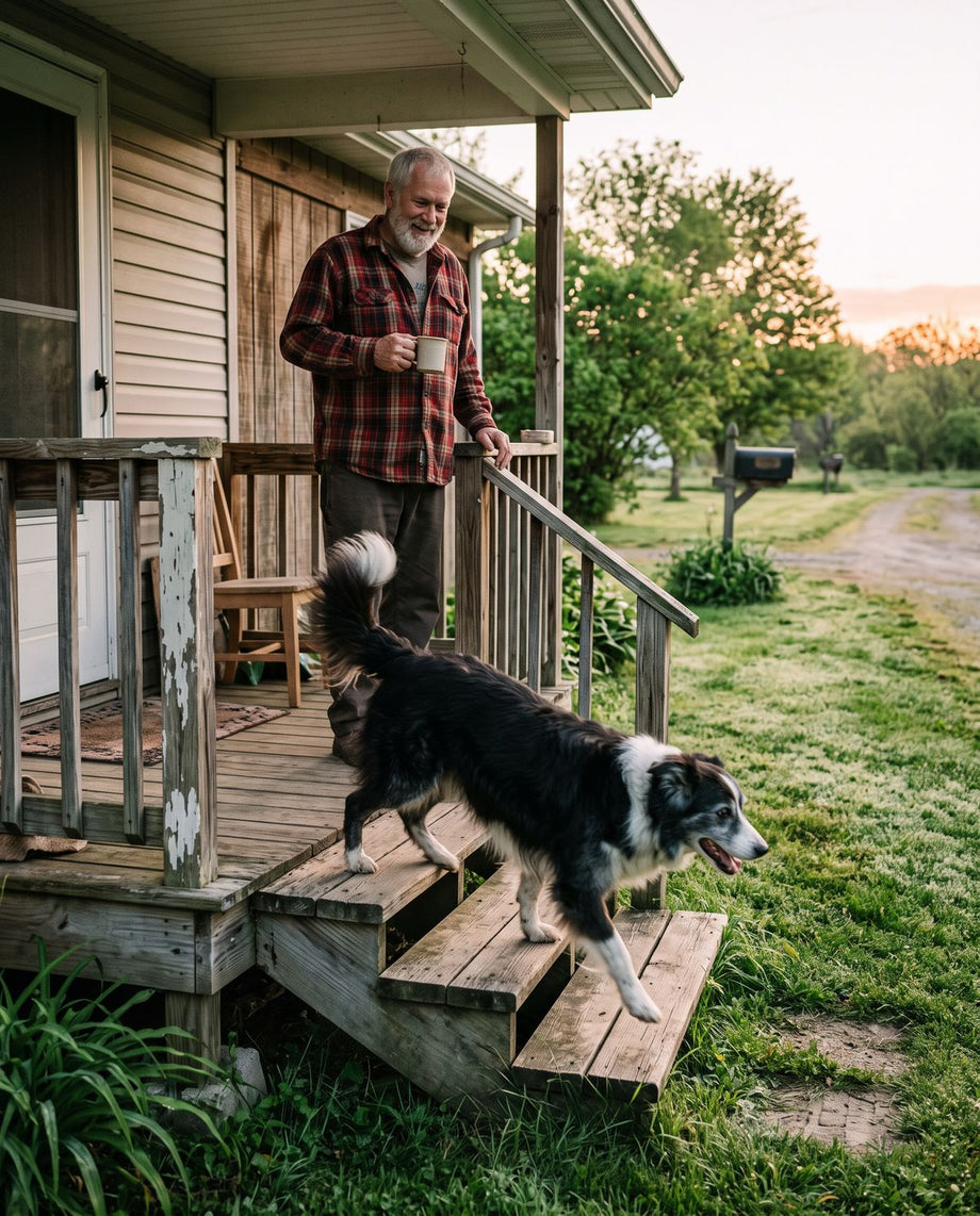 Senior border collie trotting down the porch steps