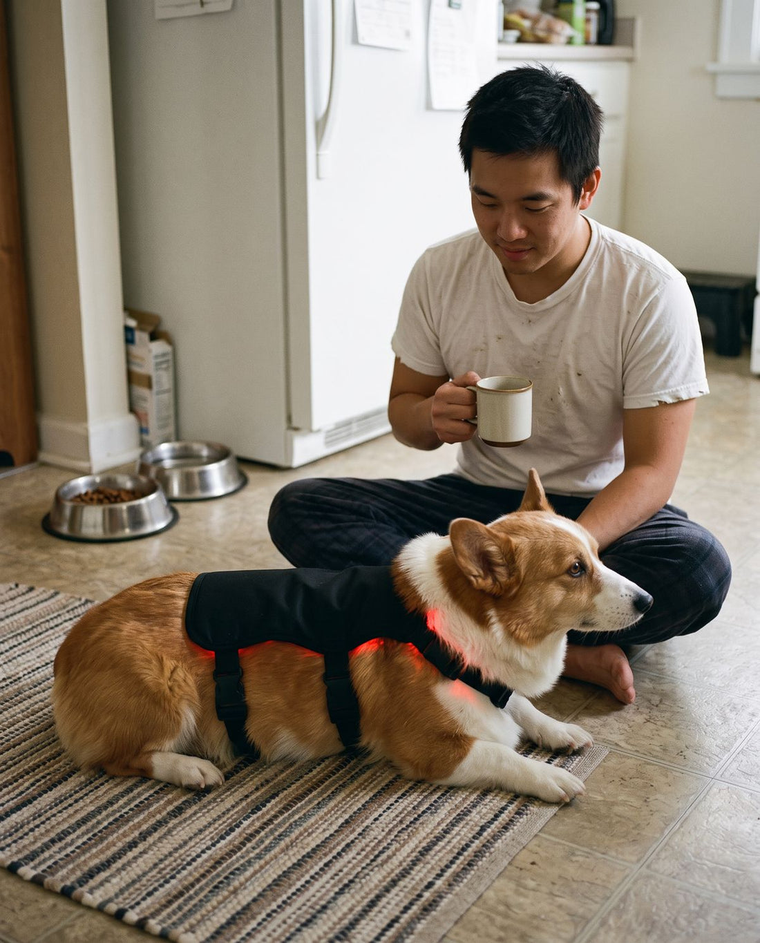 Senior corgi in the Medium vest on the kitchen floor