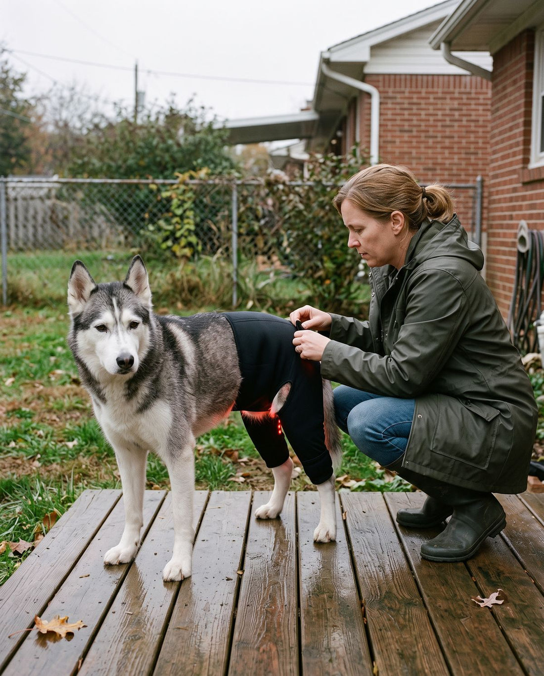 Senior husky wearing the Hip + Leg Sleeve
