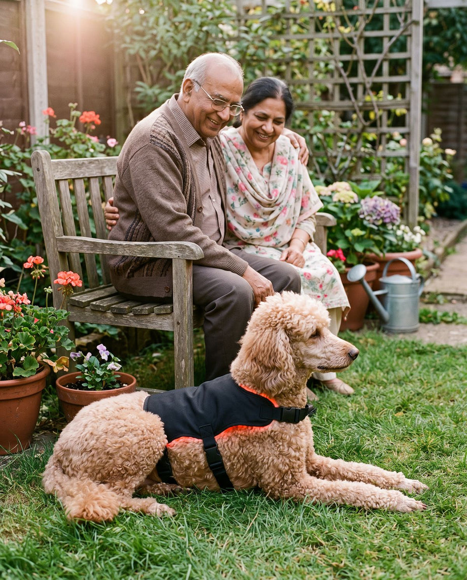 Senior poodle in the vest in the garden with an older couple