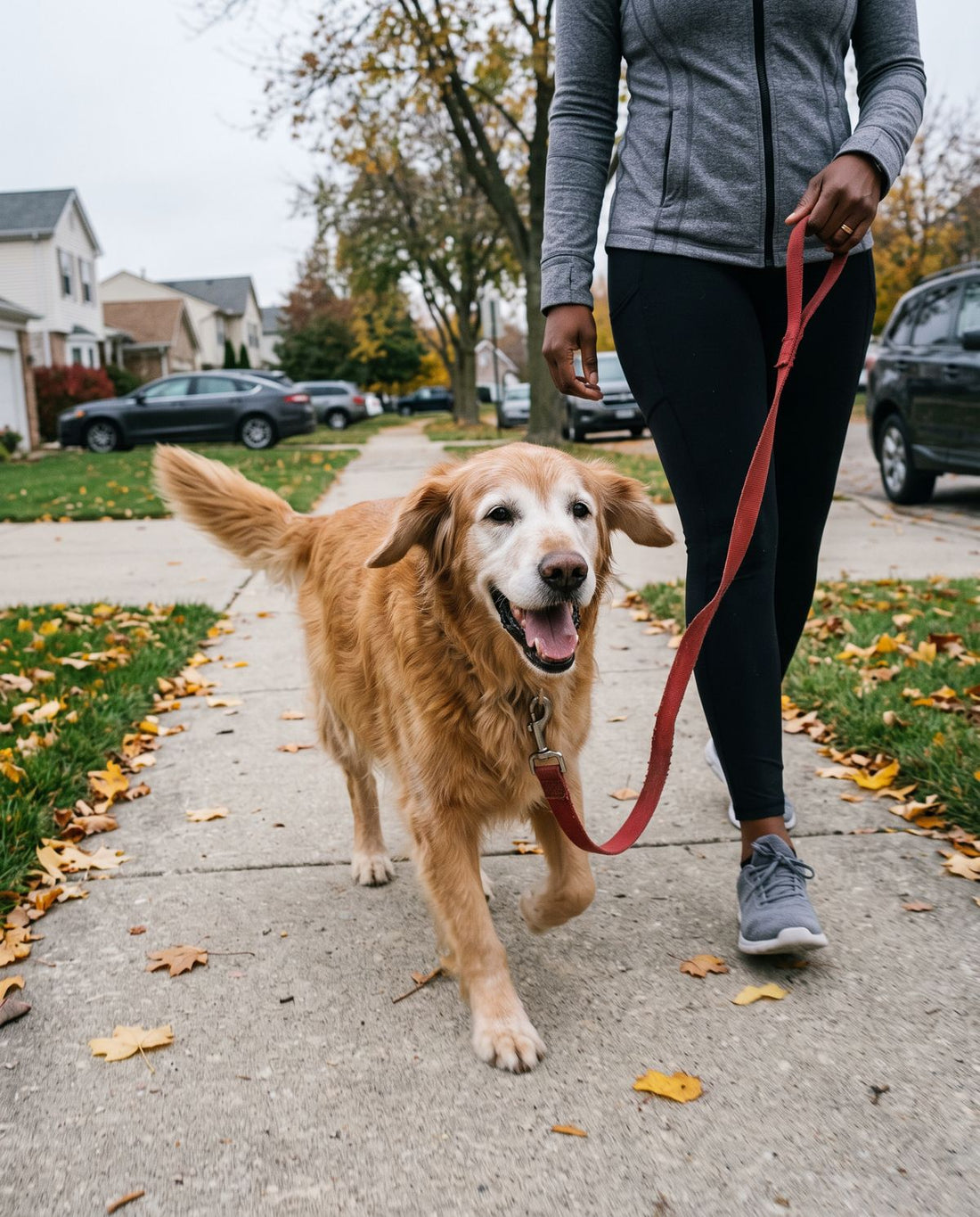 Senior golden retriever trotting happily on a morning walk (illustration)