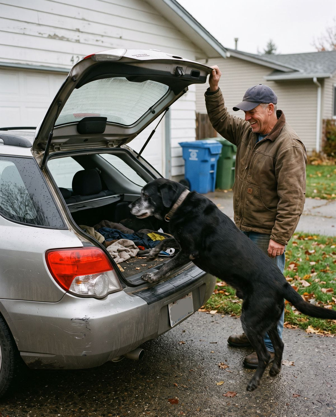 Senior Labrador climbing into the car with its owner (illustration)