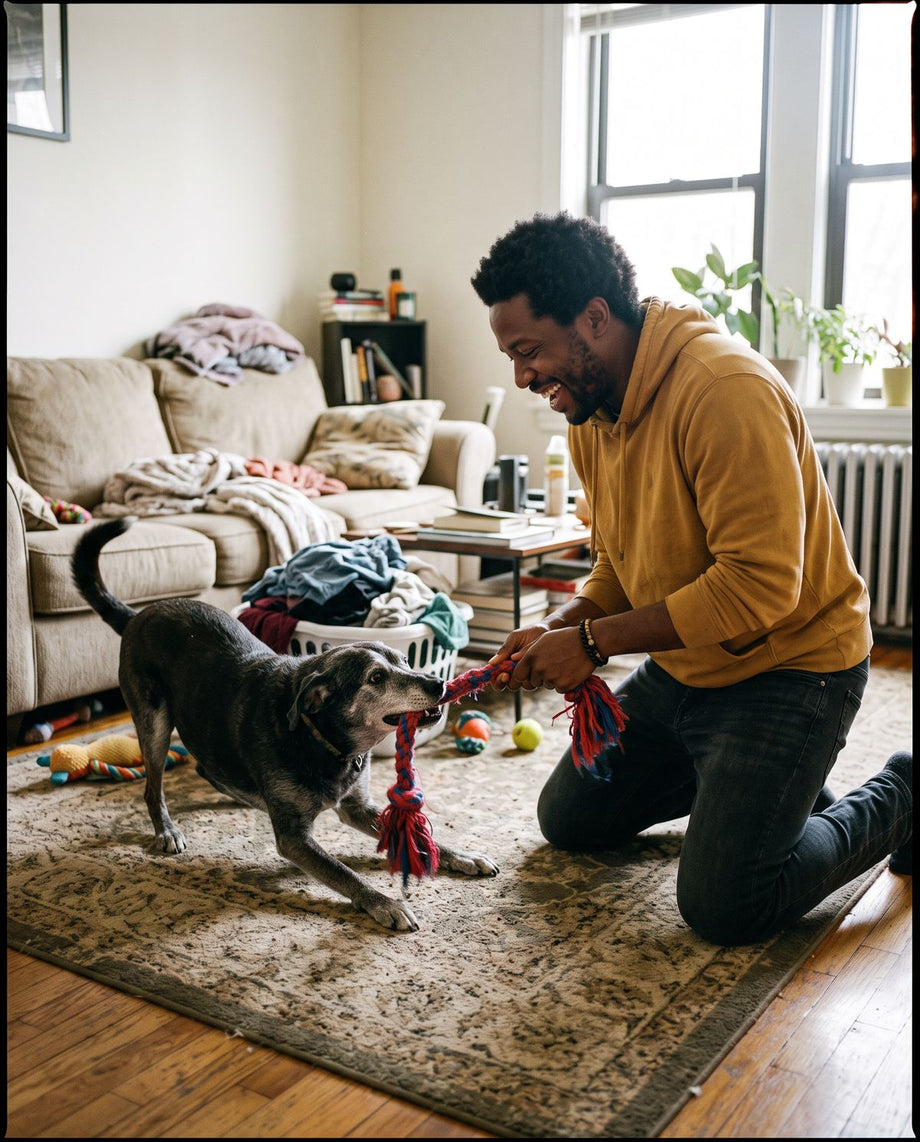 Senior dog playing tug with its owner (illustration)