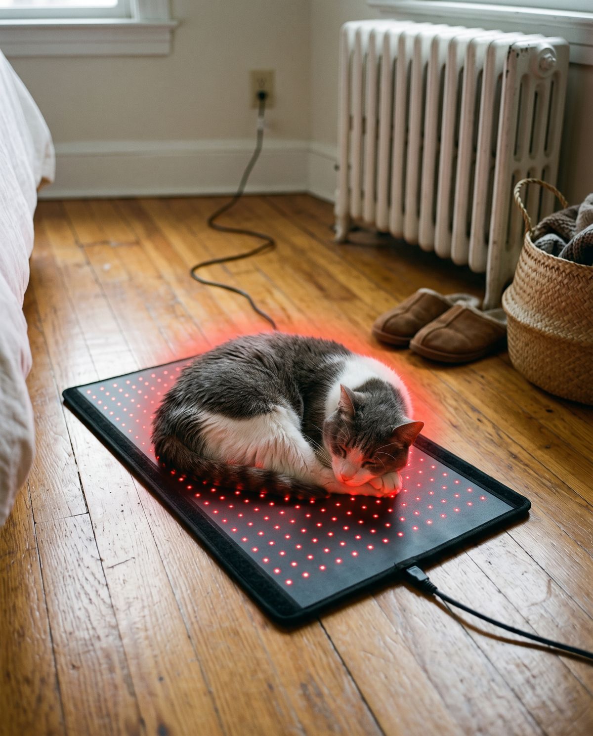 Cat curled up on the Petciety Red Light Mat