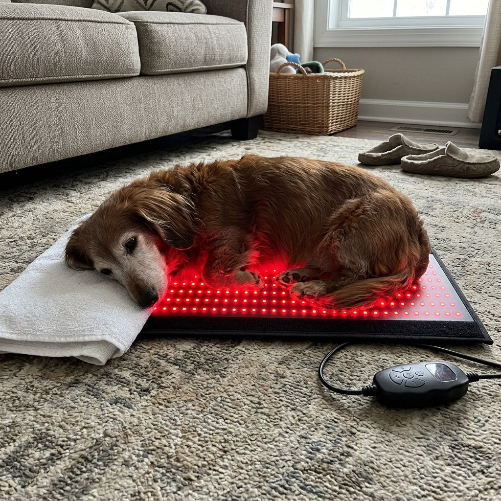 Older long-haired dog resting on the Petciety Red Light Mat with a towel