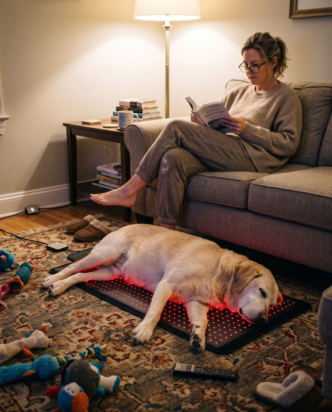 Senior Labrador napping on the Petciety Red Light Mat