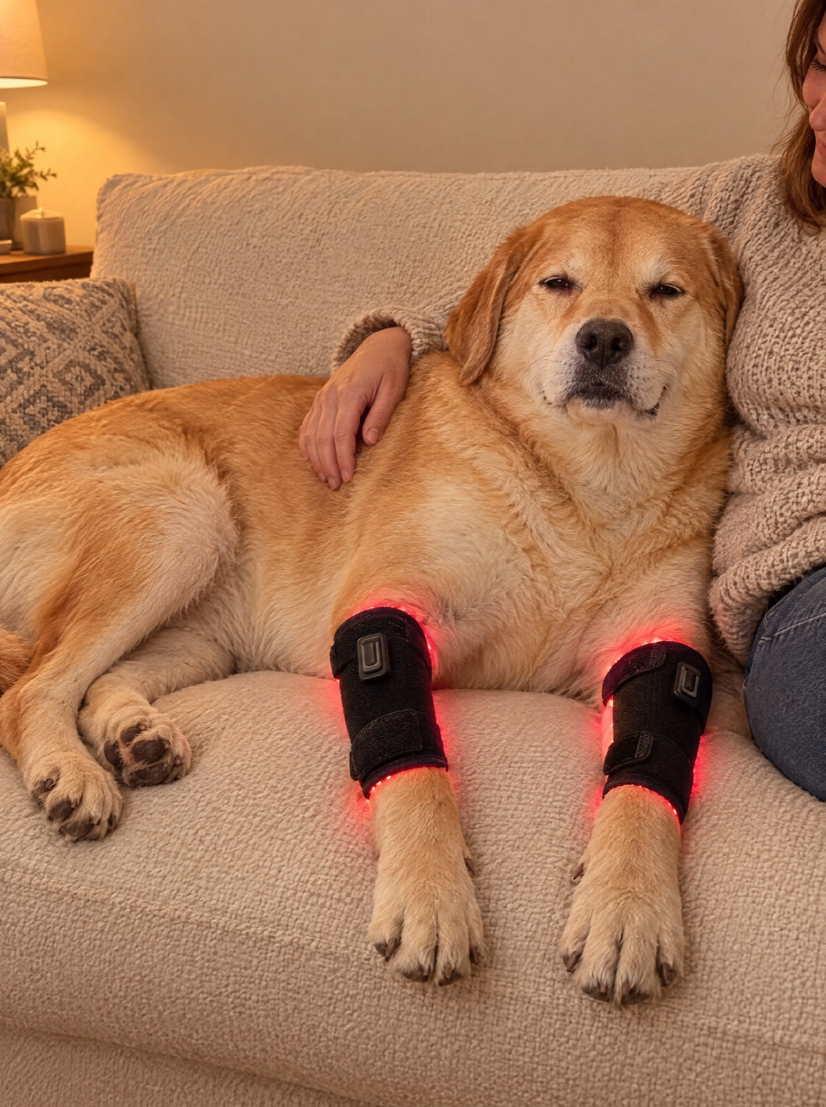 Senior dog relaxing on the couch wearing two leg wraps