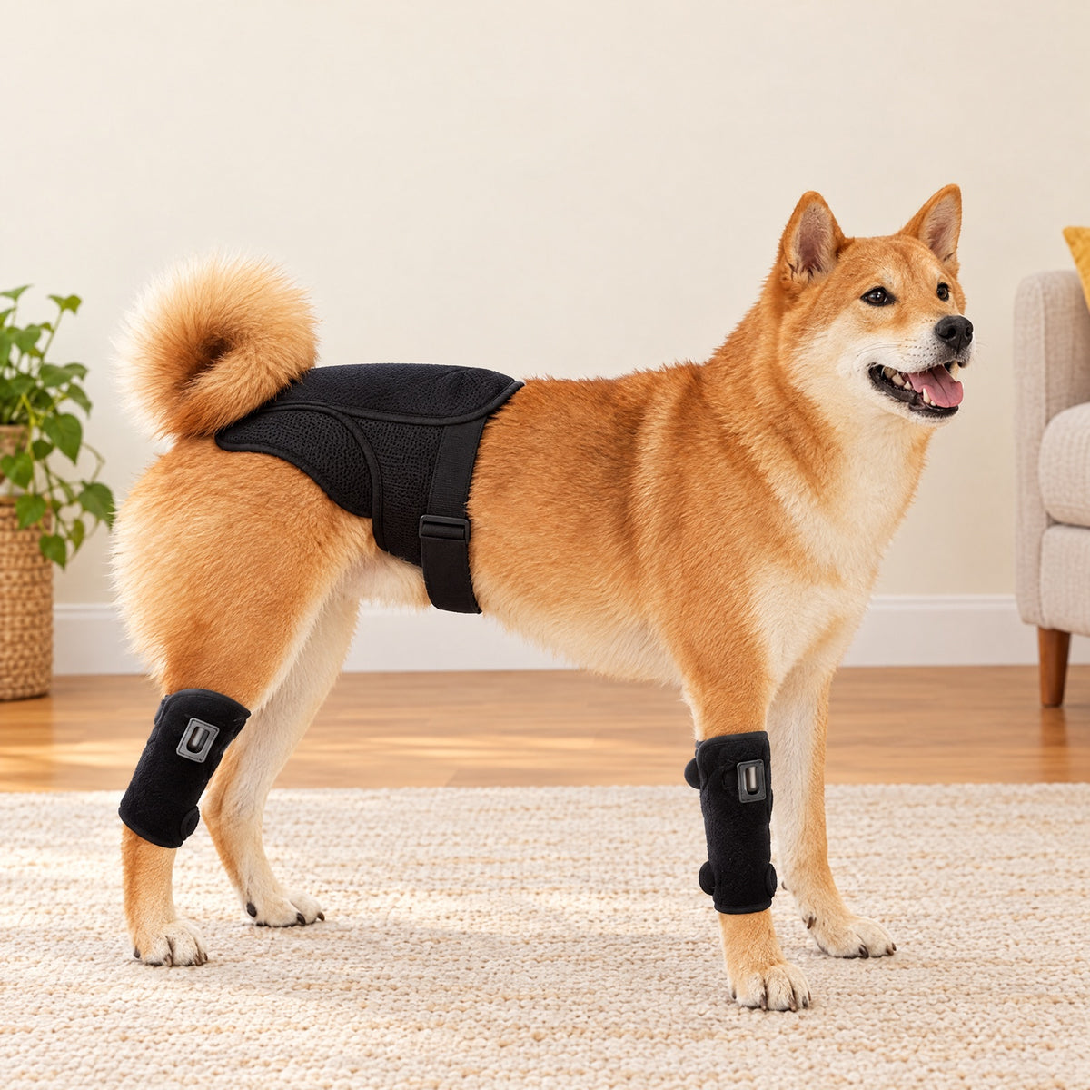 Dog wearing two leg wraps and the back pad