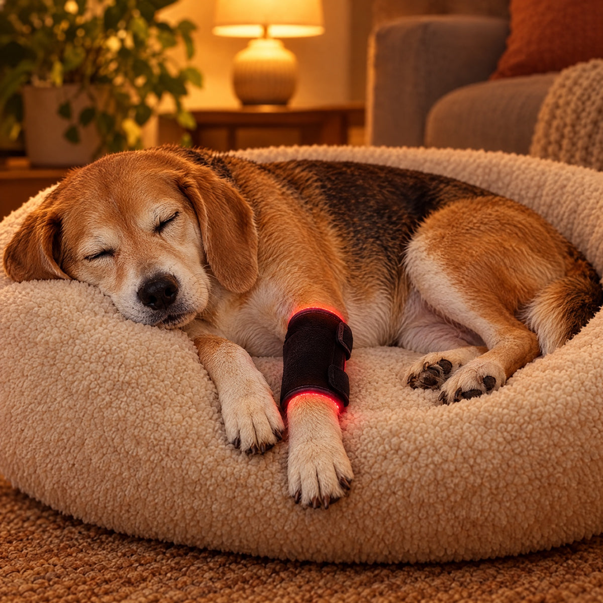 Beagle resting with a leg wrap