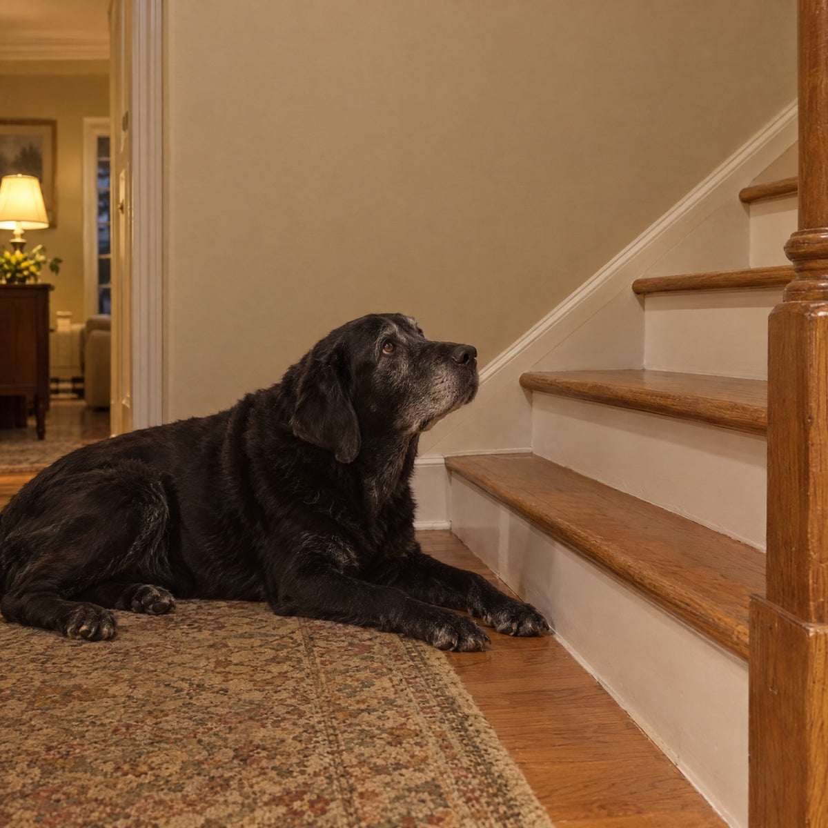 Senior labrador at the bottom of the stairs