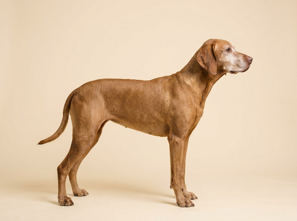 Senior Vizsla standing in side profile