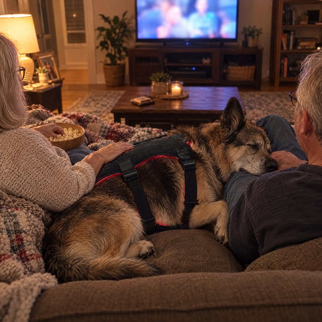 Dog in the vest during TV night with its owners