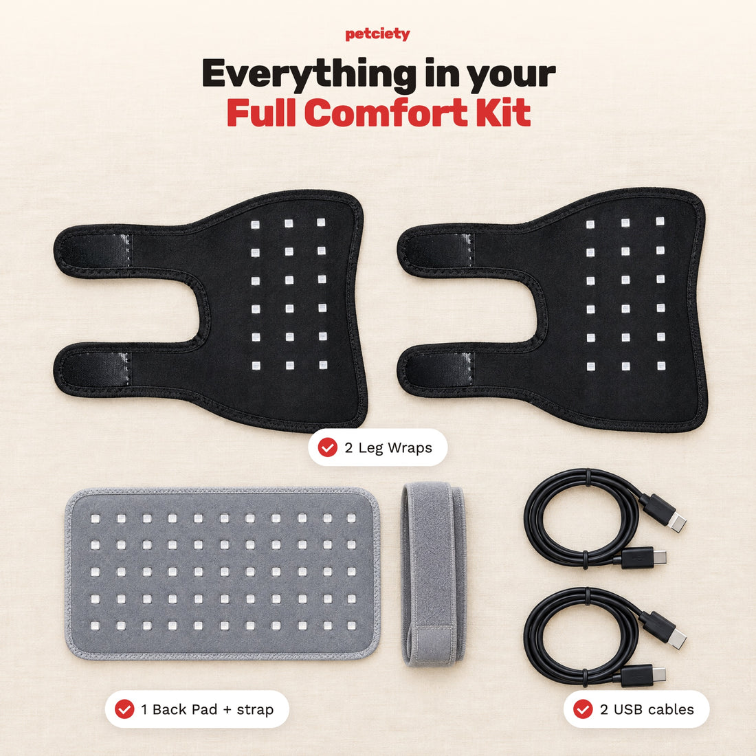 Everything in the Full Comfort Kit: 2 leg wraps, 1 back pad, USB cables